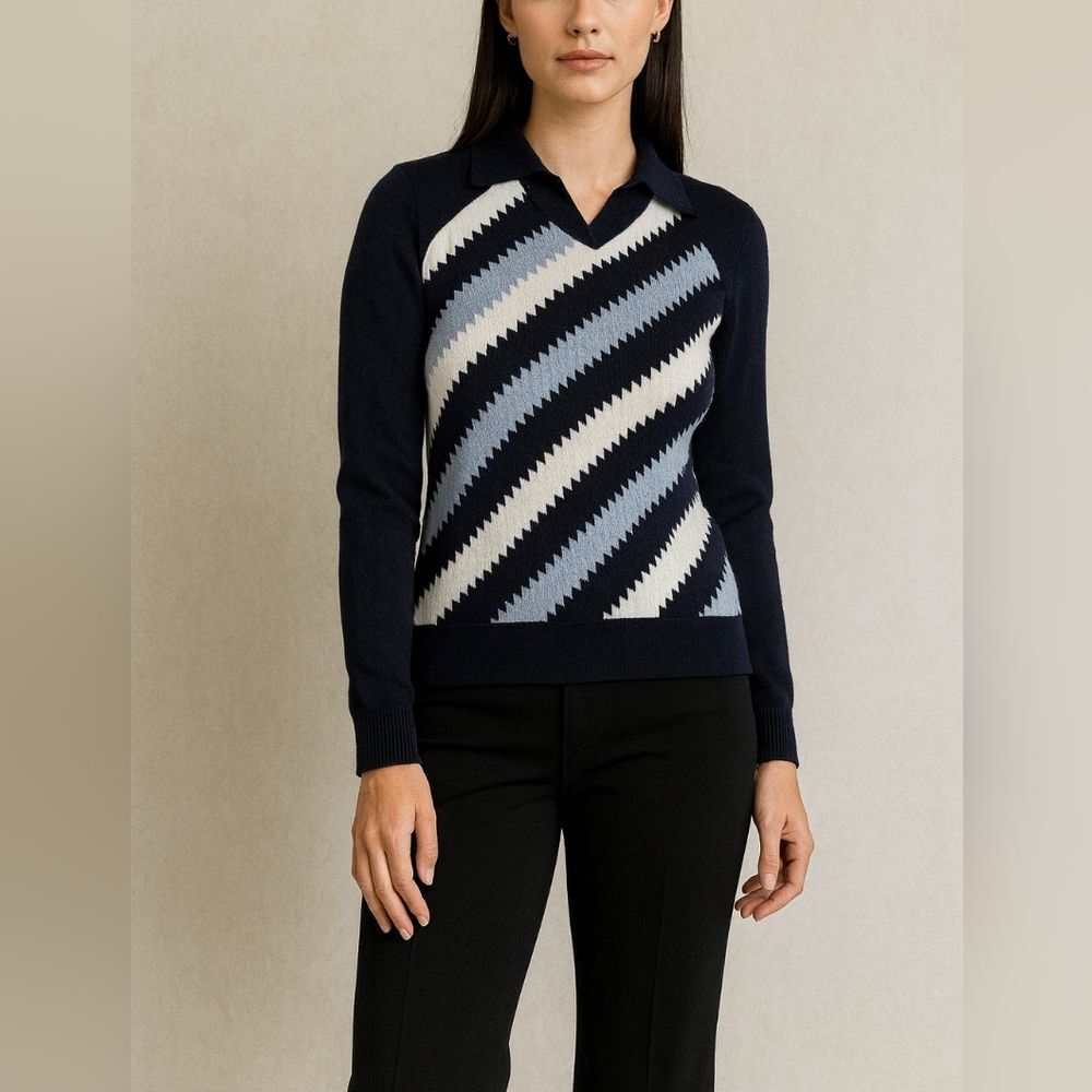 Vtg Sweater S Made In Hong Kong Navy Blue White Striped Preppy Coastal Collared